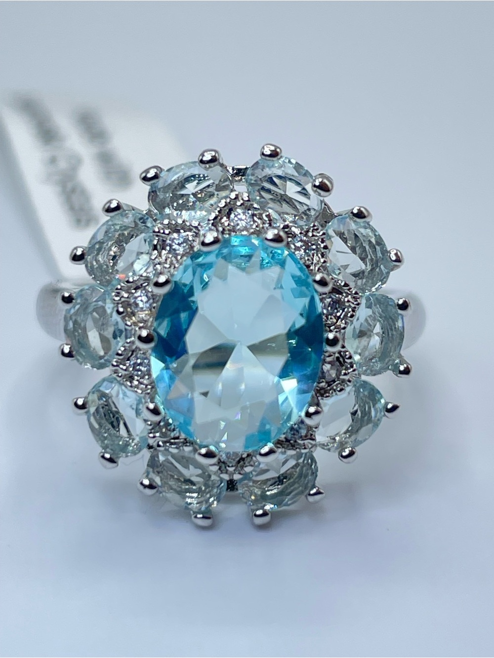 Swarovski Crystal Elements Aquamarine Blue Crystal Halo Art Deco Ring Sz 7